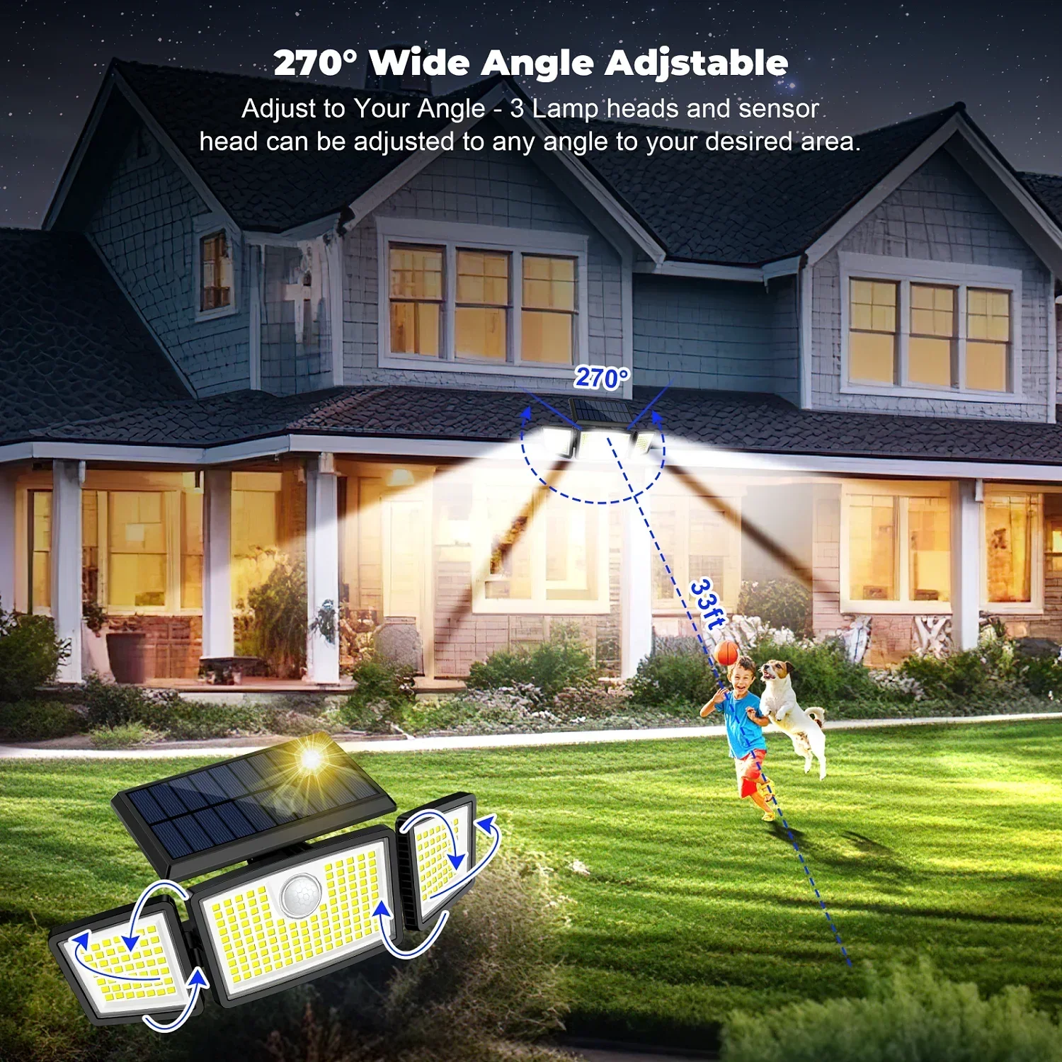 SZRSTH Solar Lights Outdoor - 225LED 3000LM Battery Solar Powered Motion Sensor Flood Lights for Patio Garage Yard