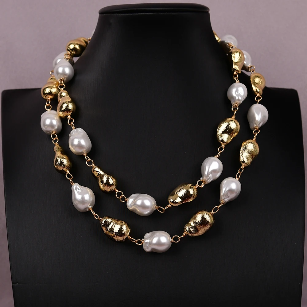 G-G 35'' Natural White Sea Shell Pearl Baroque Shape Brushed Beads Long Necklace