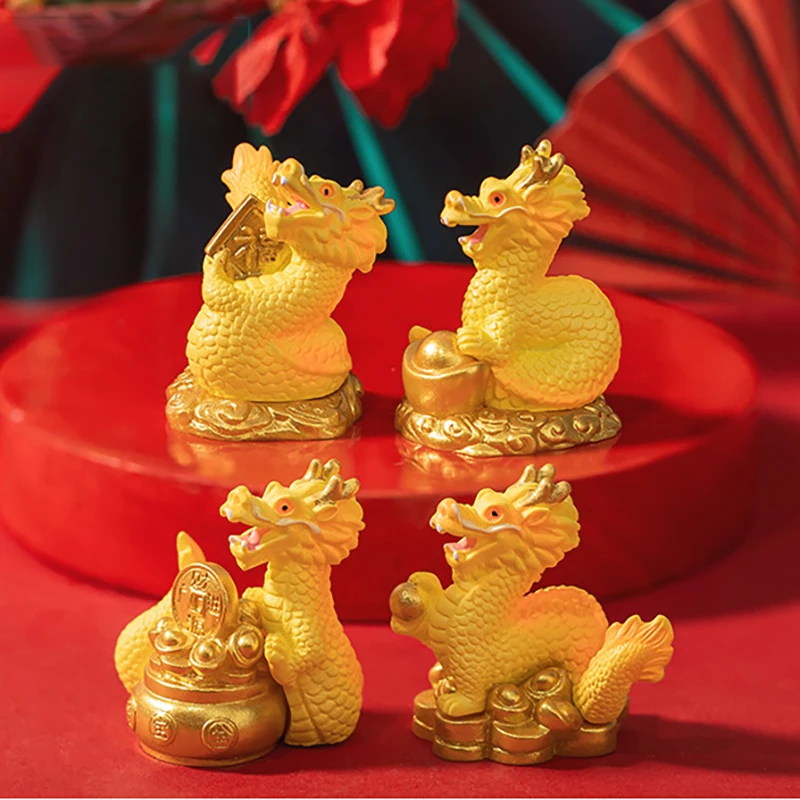 Creative Chinese Zodiac Yellow Gold Yuanbao Dragon Figurine Cute New Year Dragon Ornament DIY Decoration Car Desktop Decoration