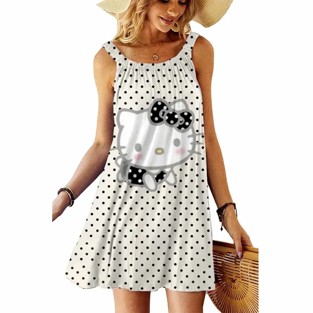 Letnia sukienka z nadrukiem Hello Kitty, seksowna sukienka damska z uroczym nadrukiem Hello Kitty, codzienna, dopasowana, bez rękawów, wygodna sukienka plażowa.