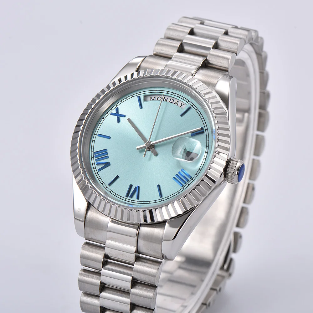 

sky blue dial Week Calendar Type watch for men Sapphire mirror Automatic Watch MIYOTA 8285 Business Mens All Steel Watches