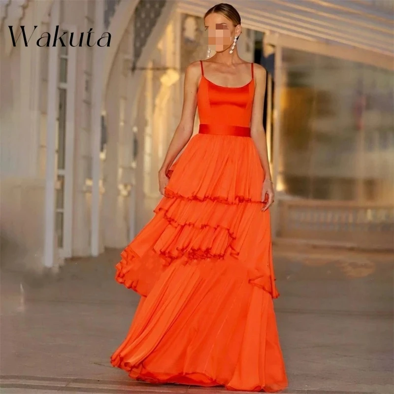 Wakuta French Elegant U-neck Off Shoulder Spaghetti Strap Chiffon Evening Robe Elegant A-line Tiered Party Dress Elegante Mujer