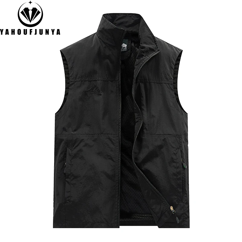 Summer Men Sleeveless Fishing Tool Webbed Stand Collar Vest Men Breathable Outdoor Casual Camping Thin Lightweight Vest Male 7XL