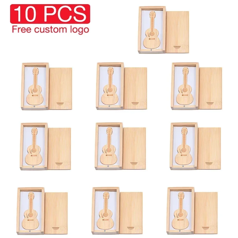 10 PCS LOT USB Flash Drive 128GB Free Custom Logo Pen Drive 64GB Wooden Cool Guitar Memory Stick 32GB Wood Box U Disk 16GB 8GB