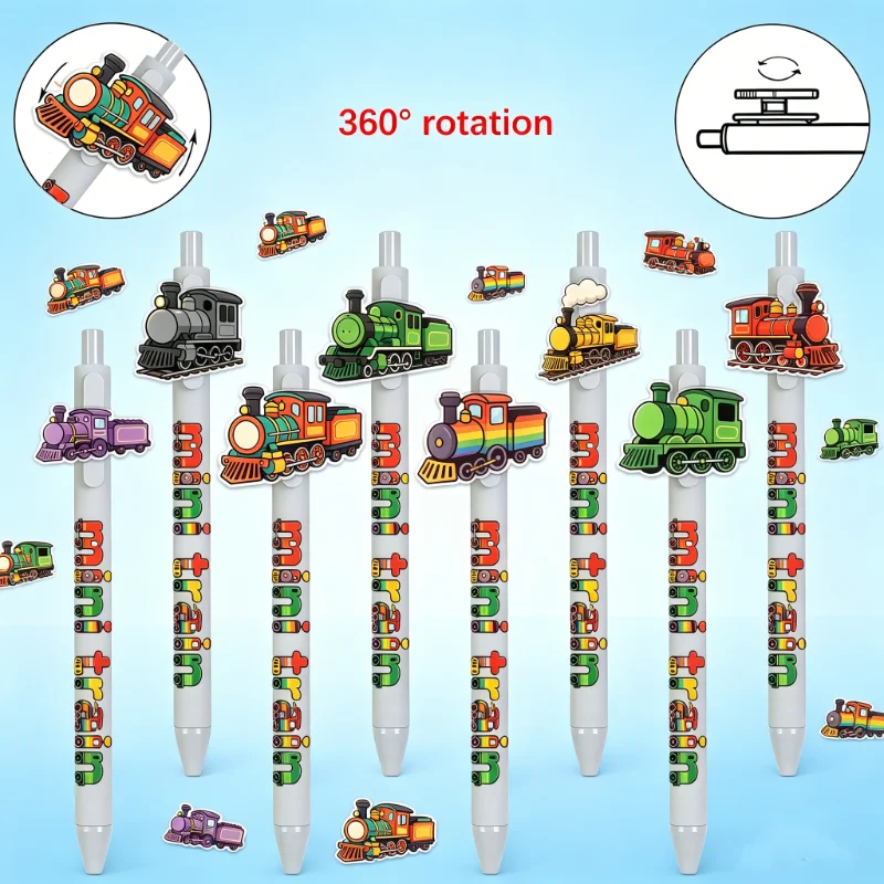 

12 pieces of rotatable small train-shaped ballpoint pens. Creative signature pens. Random pattern gift pens.