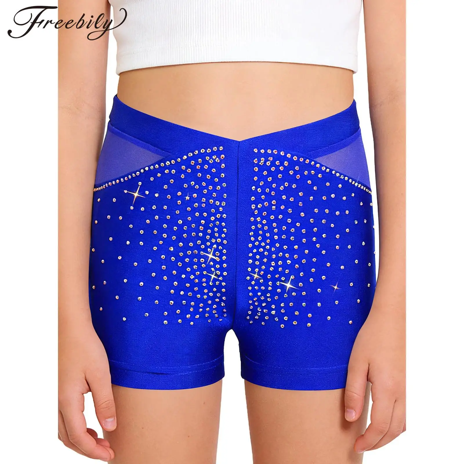 

Шорты для балета и танцев для девочек, гимнастика, конкурс, танцевальная одежда, наряд для фигурного катания, сетчатые лоскутные шорты со стразами