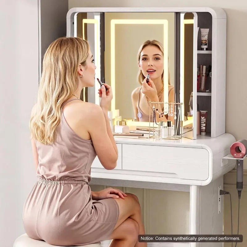 Vanity Makeup Desk with Lights and 3-Sided Foldable Mirror Elegant Bedroom Dressing Table with Charging Station Hair Dryer