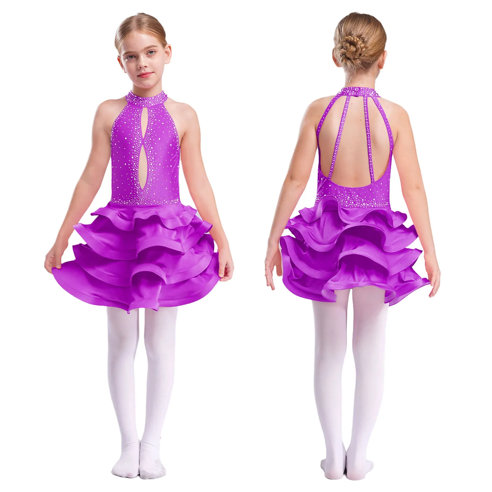 

Girl Professional Latin Dance Costume Shiny Rhinestones Tiered Dance Dress for Ballroom Samba Practice Stage Performance Skating