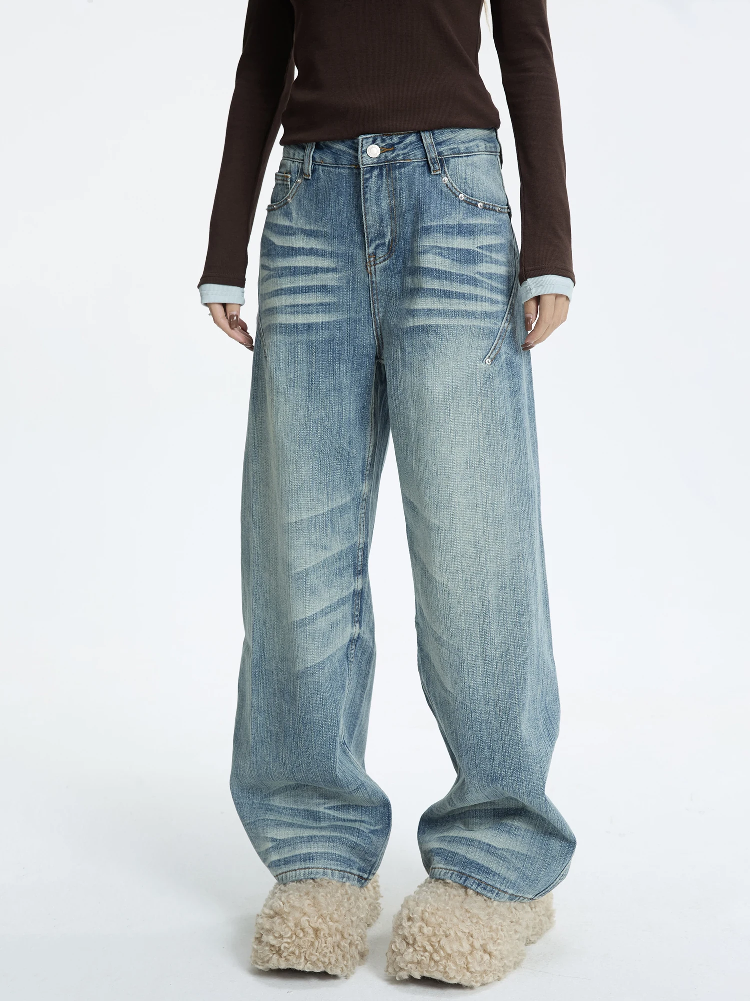 

Американские джинсы с широкими штанинами и эффектом потертости, женские, свободные, повседневные, длинные брюки, с заклепками, из хлопка, с низкой талией, джинсовые