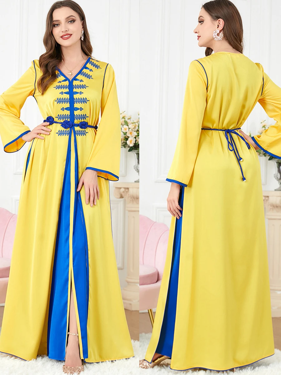 Siskakia Fashion 2 Piece Caftan Set Muslim Abaya Split Hem V-Neck Long Sleeve Floral Print Long Dress With Belt Loose Casual