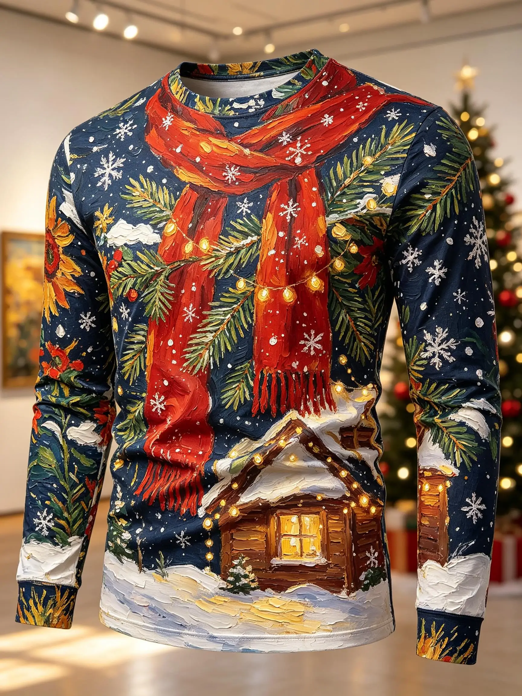 Winter Holiday Xmas Scene Pattern Mens Long Sleeve Tee Snow Cottage Pine Twigs Light String Snowflake All Over Print Top