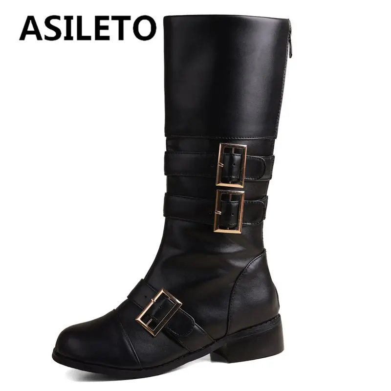 ASILETO ผู้หญิงคลาสสิกขี่รองเท้ารอบ Toe รองเท้าส้นสูงซิปเข็มขัดหัวเข็มขัดขนาดใหญ่ 46 47 48 Casual Retro กลางลูกวัวทุกวัน Bota