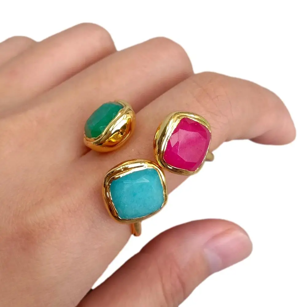 YYGEM 12mm Green Blue Red Jade Gold Plated Adjustable Ring Handmade Jewelry