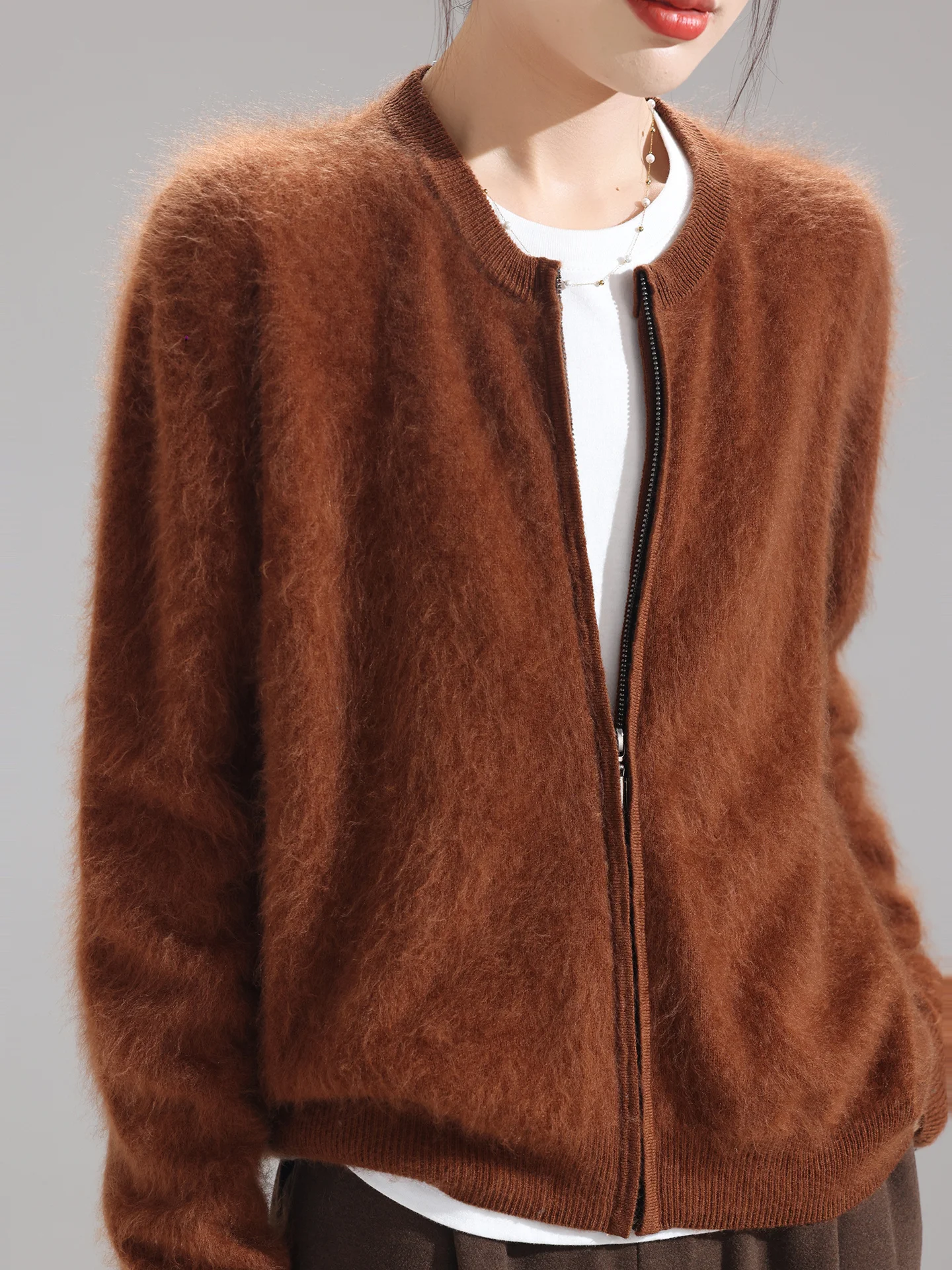 

Women's New 100% Merino Wool Cardigan Sweater Double Zipper O-neck Casual Cashmere Knit Jacket Long Sleeved Basic Autumn Winter