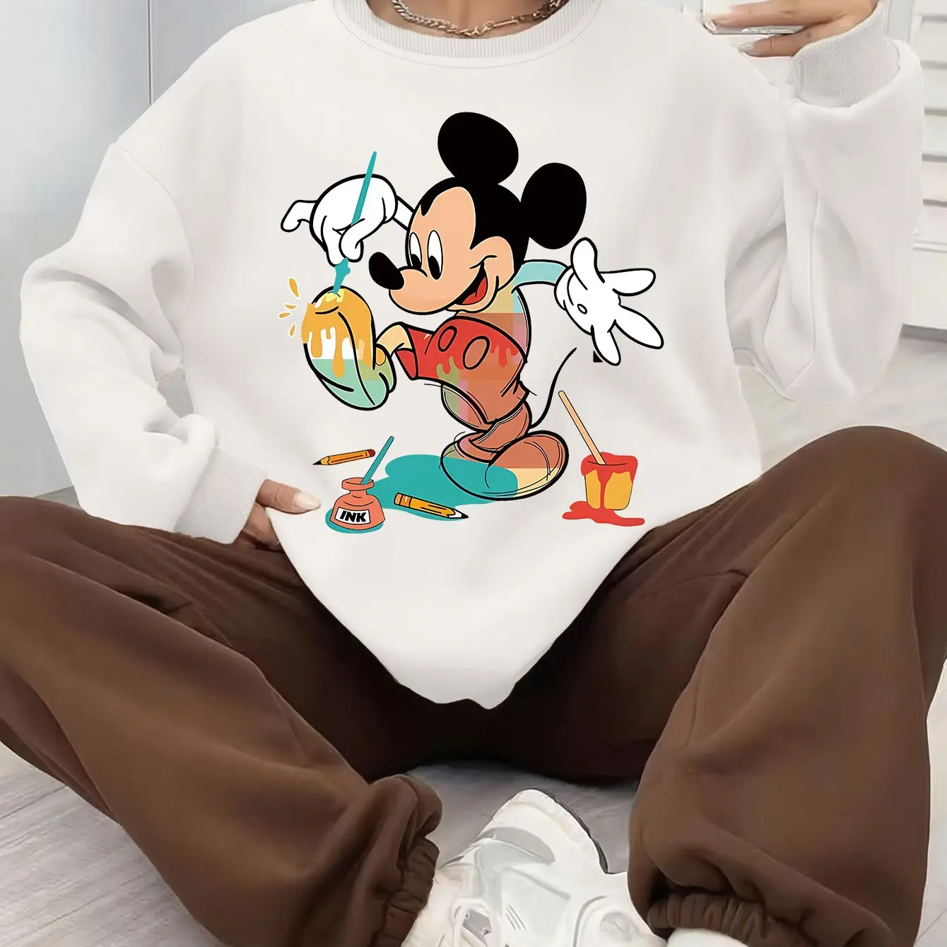 

Женский пуловер с Микки Маусом Диснея, модный уличный свитер большого размера, унисекс, свитер с круглым вырезом, осень-зима, флисовый повседневный свитер