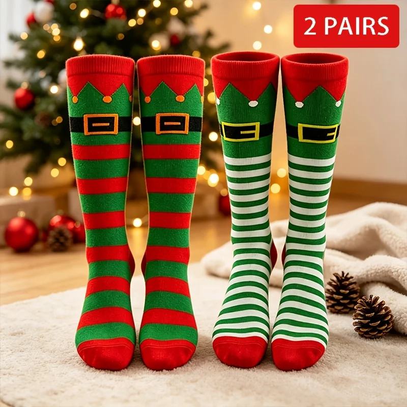 4/2 Pairs of Randomly Assorted Styles, Christmas Elf Costume Calf Socks, Festive Striped Fun Stockings, Santa Elf Hat + Belt Design, Novelty Cosplay Holiday Costume Socks, Suitable as Christmas Party Favors for Both Men and Women, Made of Soft Elastic Knit Fabric, Comfortable to Wear All Day