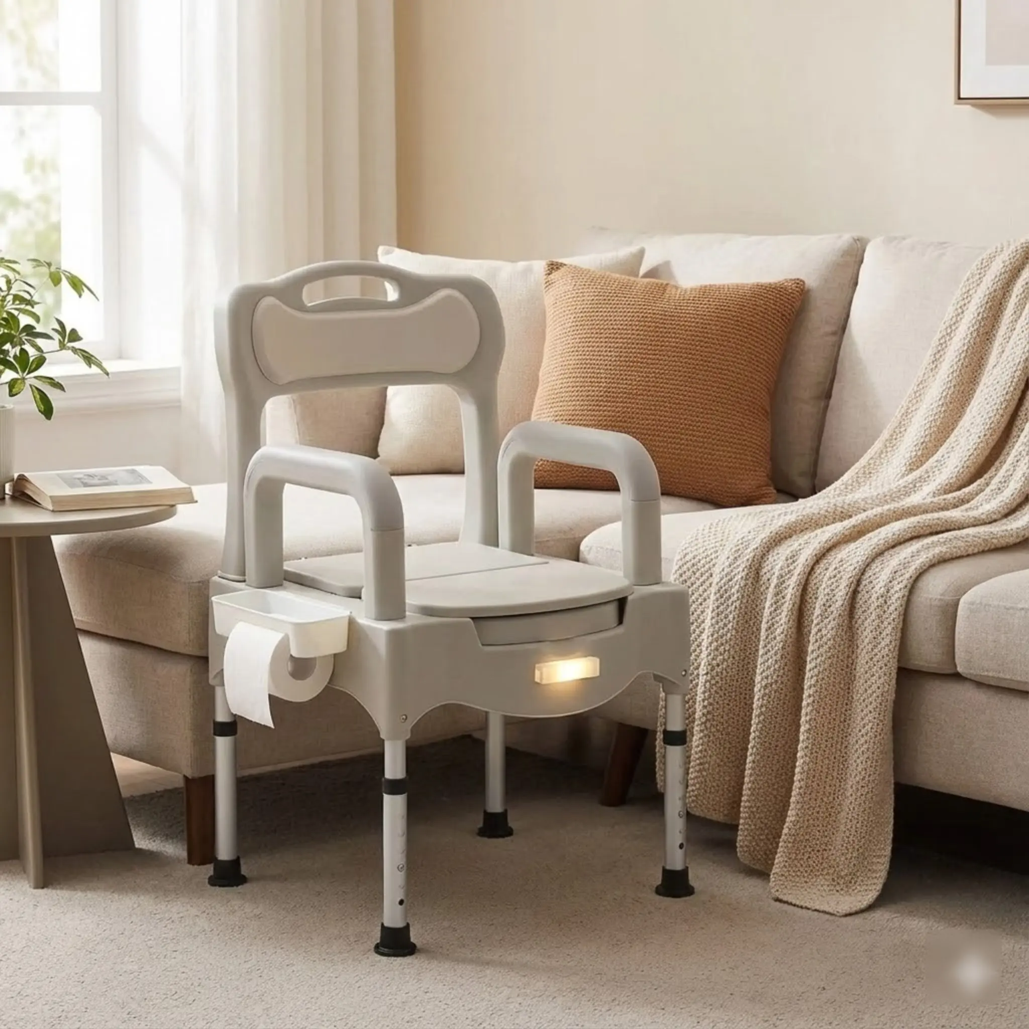 كرسي صوان بإطار أمان للمرحاض لكبار السن والمعاقين بحامل مناديل تحميل 550 رطل #3