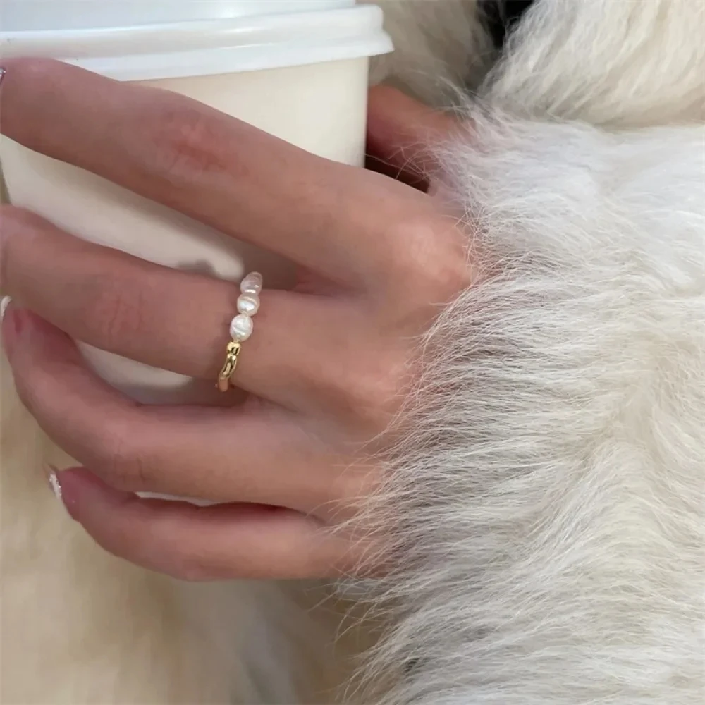 Korean Retro Elastic Rope Imitation Pearl Beaded Ring for Women Fashion Party Metal Chain Splicing Finger Ring Jewelry WomenGift