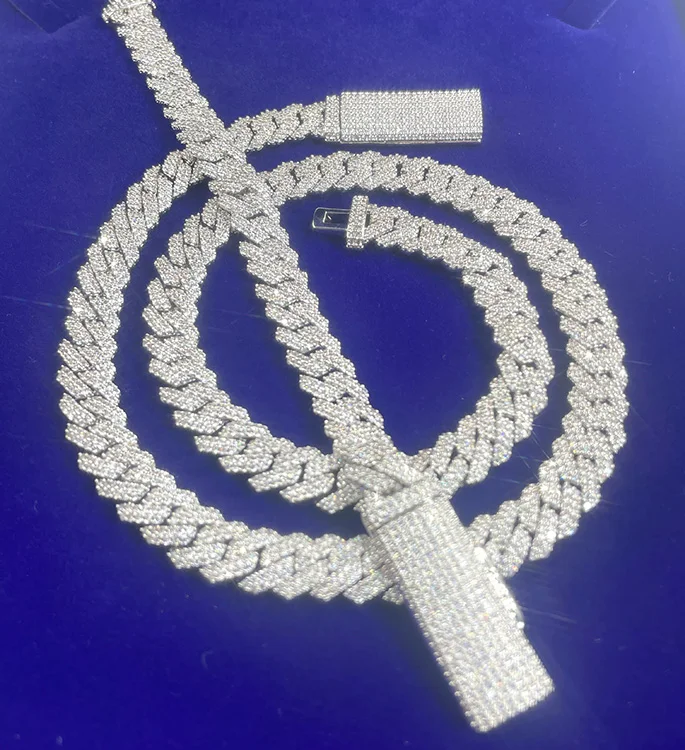 S925 Solid Silver Cuban Chain Jewelry 2rows 10mm 12mm Width Gra Moissanite Diamond Cuban Link Chain Hip Hop Necklace