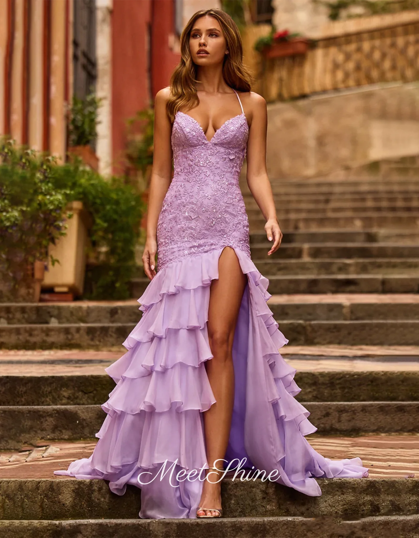 Robe de soirée sirène en dentelle, Sexy, bretelles Spaghetti, lilas, élégante, fente latérale haute, chérie, robe de bal de mariage formelle, personnalisée