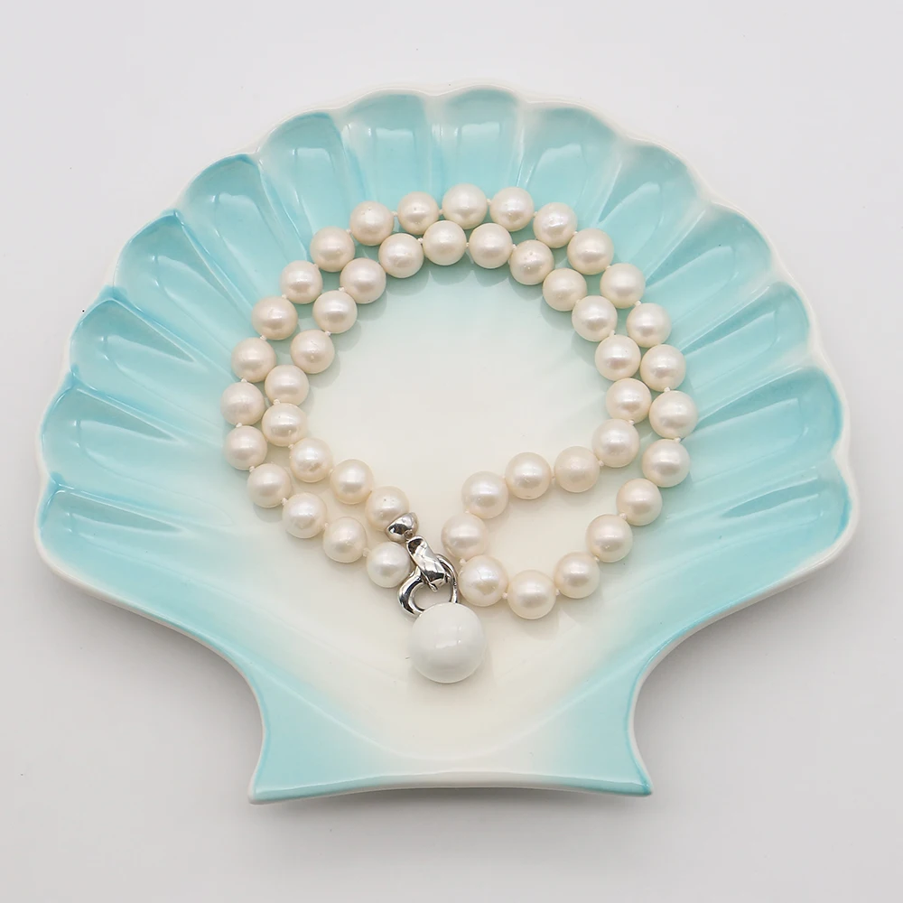 Round Natural Freshwater Pearl Straight Hole Beaded Necklace Silver-color Heart Shape Clasp Accessory Necklace Jewelry 9-10mm