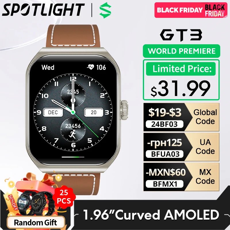 Global Version Blackshark GT3 Smartwatch 1.96'' Amoled Curved Screen Support Bluetooth Voice Call Shark GPT 100+ Sport Modes