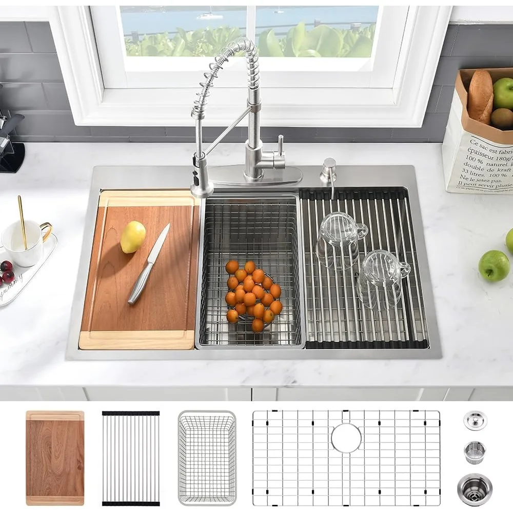 

33 x 19 Stainless Steel Kitchen Sink Drop-In Workstation with Deep Basin