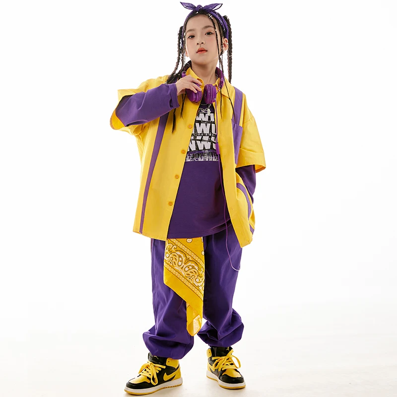 Street Hip Hop Clothes Kids Loose Yellow coat Purple Pants Girls Jazz Dance Costume Boys Drum Hiphop Performance Clothing L11575