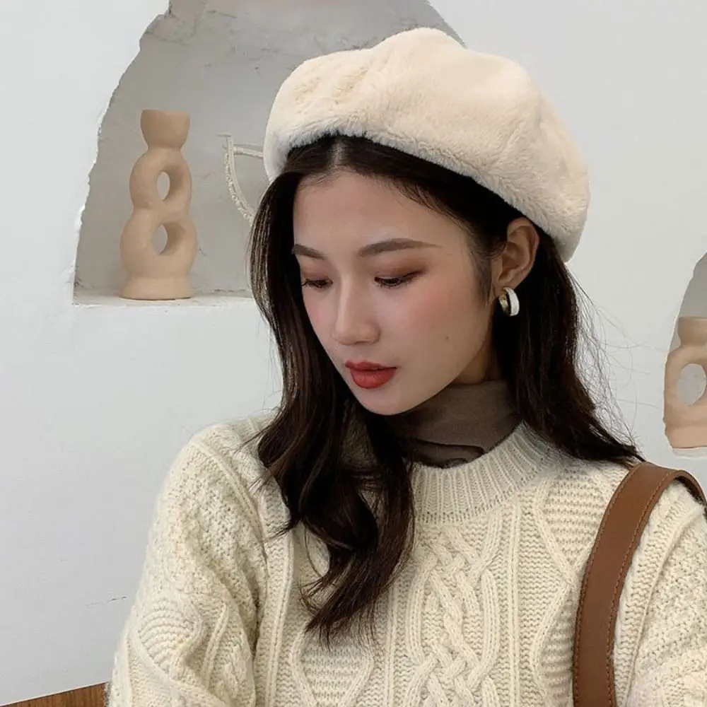 

Fashion Keep Warm Women Berets Solid Color Korean Style British Beanie Hat Plush Painter Caps Girls