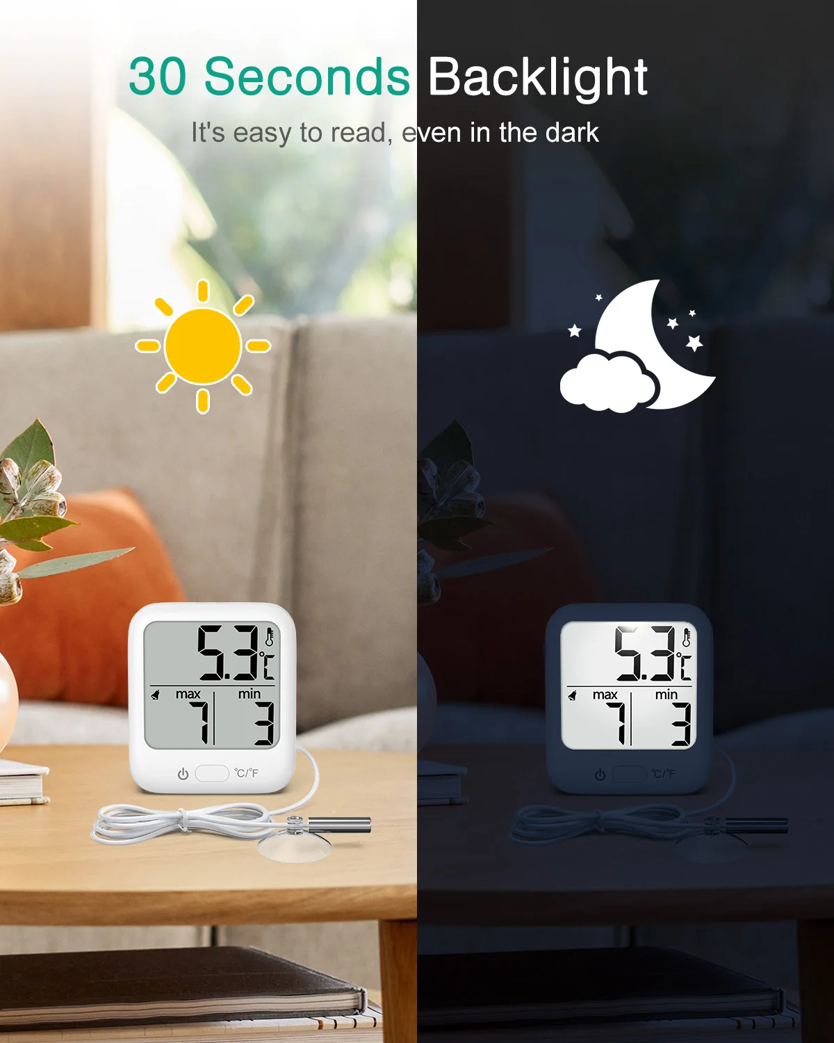 Digital Wired Fridge Thermometer Hygrometer with Probe Max Min Display Backlight Magnet Refrigerator Temperature Humidity Meter