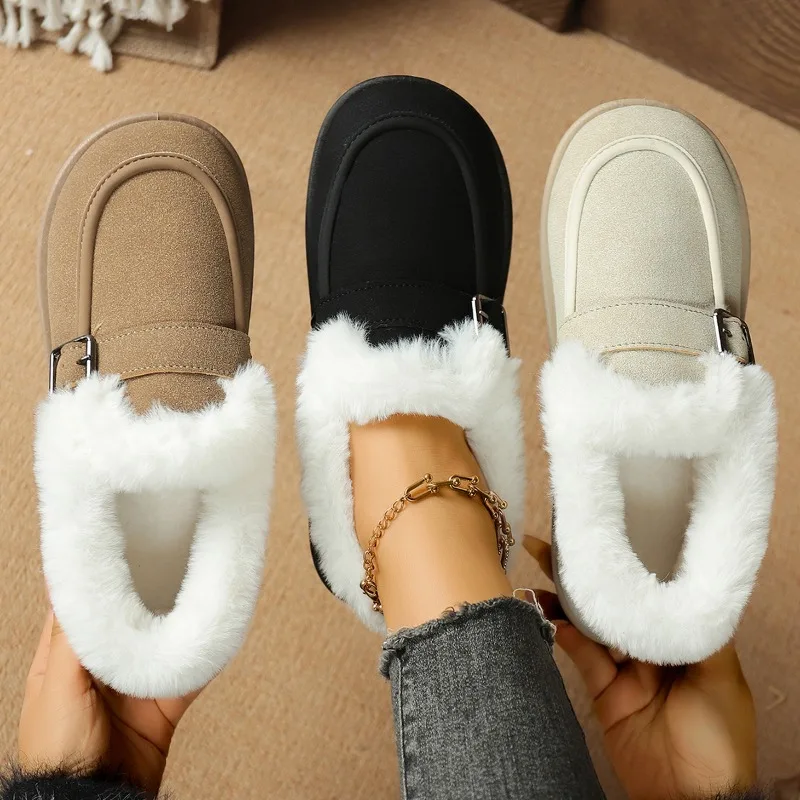 

2025 Warm and Comfortable Casual Furry Women Winter Thickened Warm Cotton Shoes Flats Korean Style Flat Heel Shoes
