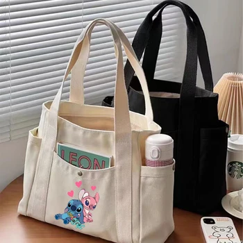 디즈니 스티치 여성 핸드백 귀여운 카와이 캔버스 가방, 대용량 쇼핑백, 애니메이션 만화 프린트 숄더백, 선물, 신상