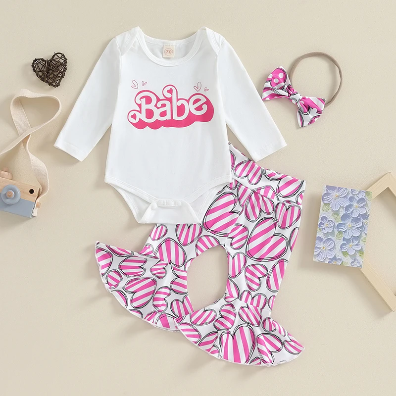 

Baby Girls 3PCS Pants Sets White Long Sleeve Letter Print Romper Heart Print Flared Pants Headband Sets