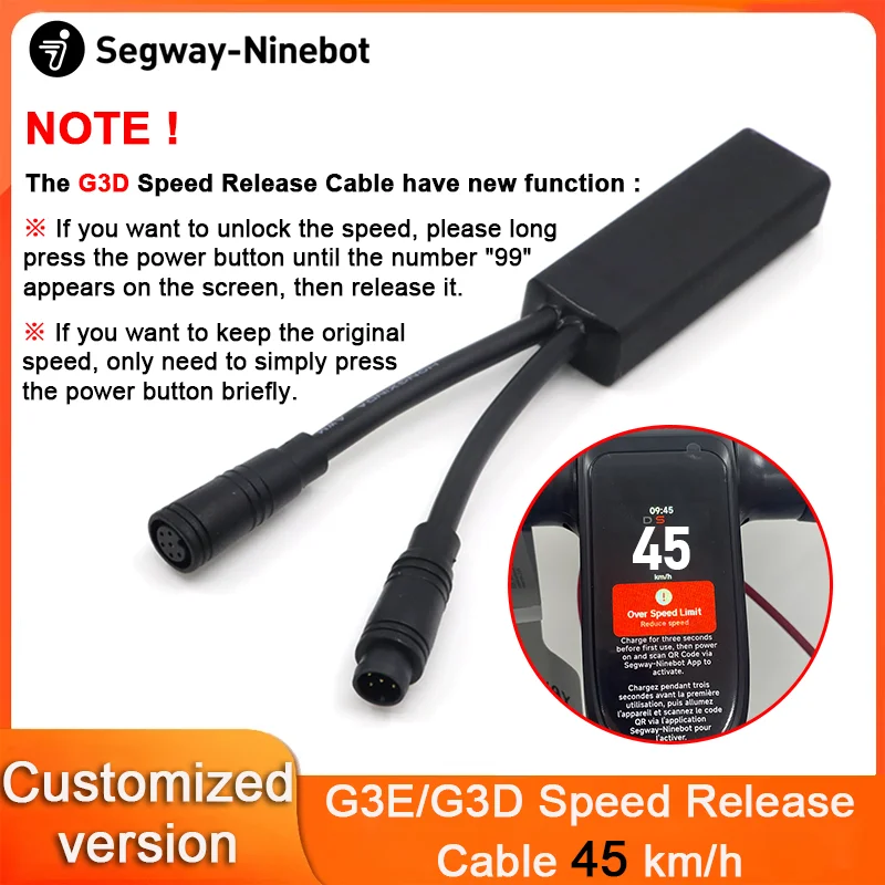 Скорость ​ ​ Выпускные кабели по индивидуальному заказу для скутера Ninebot от Segway Max G3E/G3D Максимальная скорость езды 45 км/ч Разблокировка кабелей с ограничением скорости