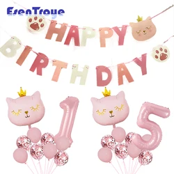 Corona rosa Gatto Foil Palloncino digitale Animale del fumetto Tirare bandiera Set Ragazza Decorazioni per feste di buon compleanno Regalo per baby shower per bambini