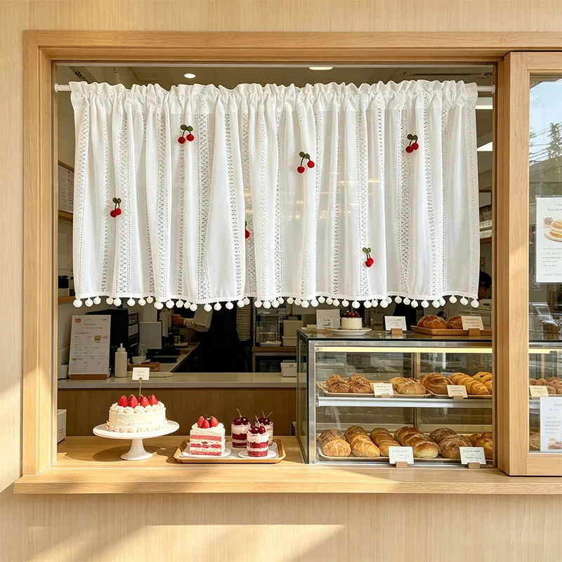 1pc Cream Wood Ins Style See-through Lace Window Drape, Vertical Hollow Texture Short Valance Decorated with Pair Cherry Charms