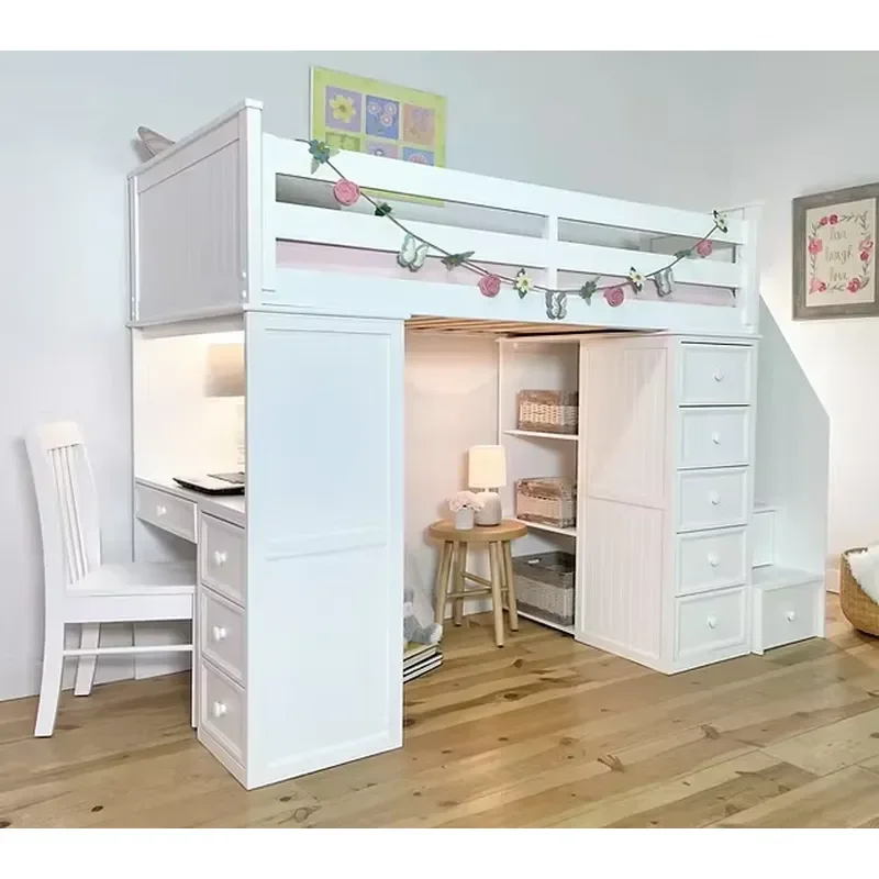 Modern Metal Loft Bed with Stairs Natural Wood Finish Space Saving Elevated Bunk for Student Dormitory Durable Frame