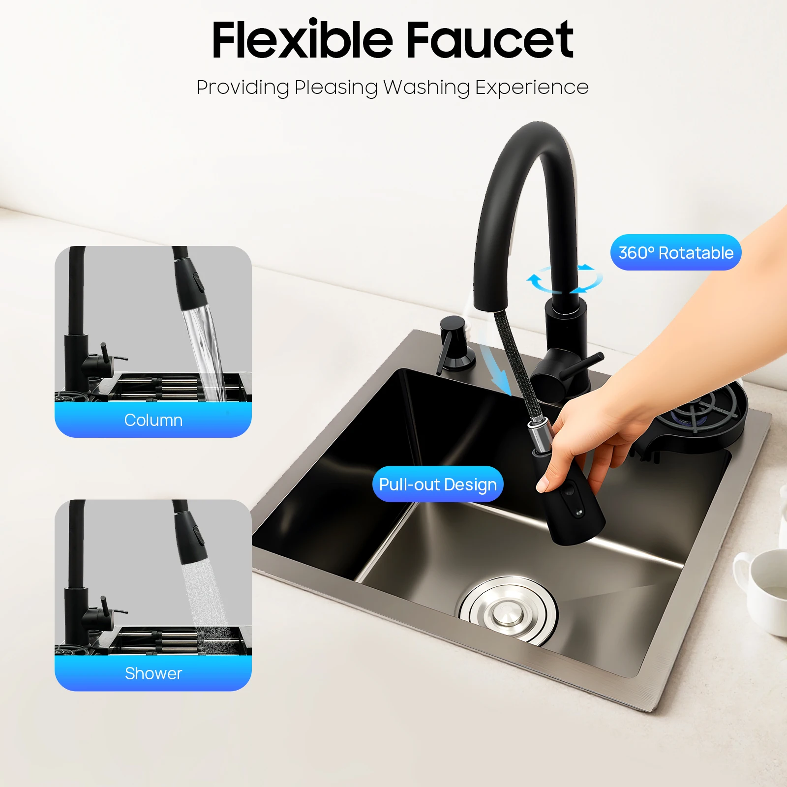 Multi-functional Kitchen Sink with Retractable Faucet, Soap Dispenser and Drip Basket Black Stainless Steel Sink 3 Specification