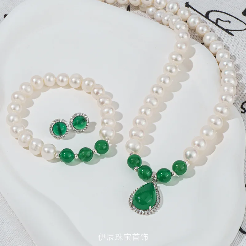 8-9Mm Near Round Freshwater Pearl Necklace Women Agate Choker S925 Silver Set Earrings Bracelet