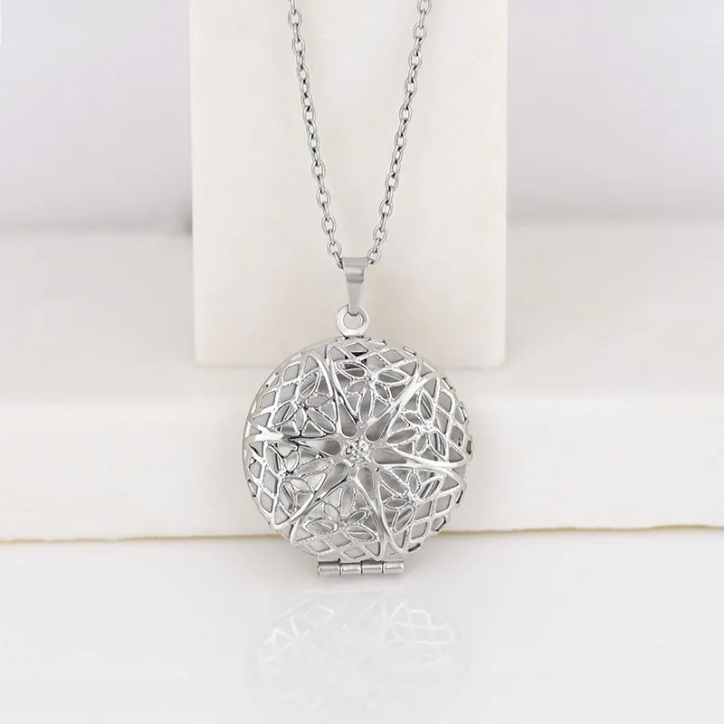 Round Flower Carved Photo Frame Locket Pendant Necklace Stainless Steel Men Women Mirror Polish Openable Memorial Chain Jewelry