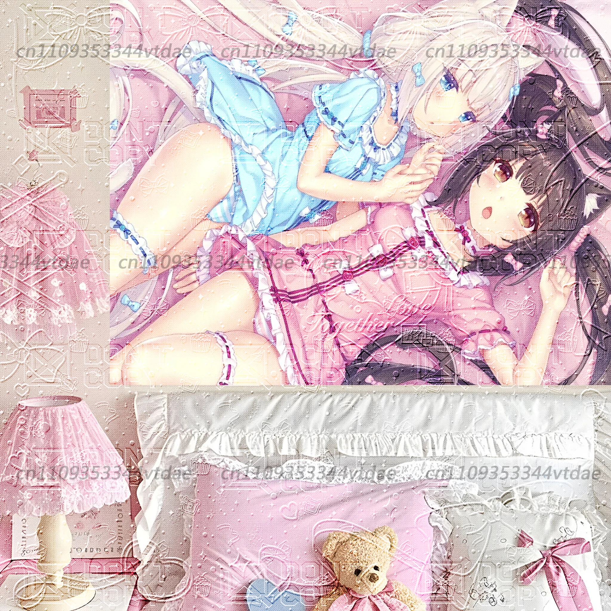 Vintage Dessert Nekopara Tapestry, Black & White Hair Cat Girls Chocola Vanilla Wall Hanging, Aesthetic Room Background Cloth