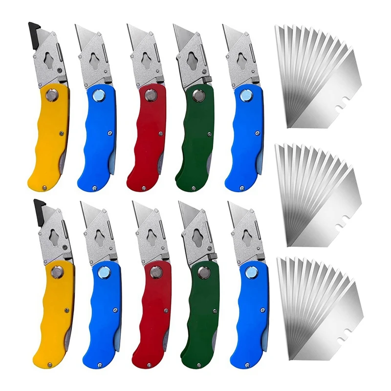 ABDJ-10Pcs Folding Utility Knives & 50Pcs Blades Set For Crafts, Retractable Box Cutters, Exacto Knife, Paper Cutter