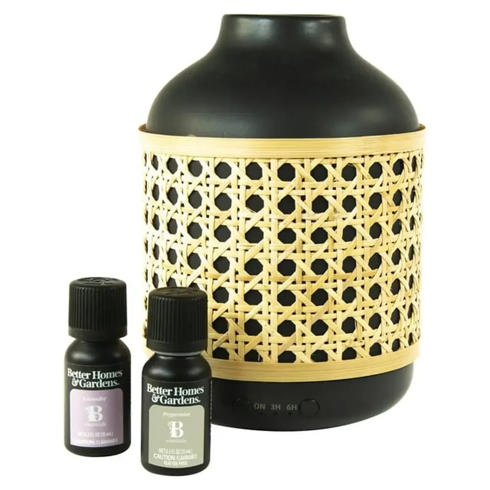 Black Caning Ultrasonic Aroma Diffuser Set 250mL Cool Mist Lavender & Peppermint Oils Timer & LED Lights Relaxing Aromatherapy