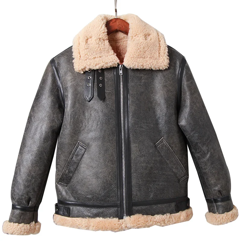 

Vintage Green Winter Men's Jacket Military Style Plus Size 5XL Natural Sheepskin Thick Warm B3 Bomber Genuine Leather Coats