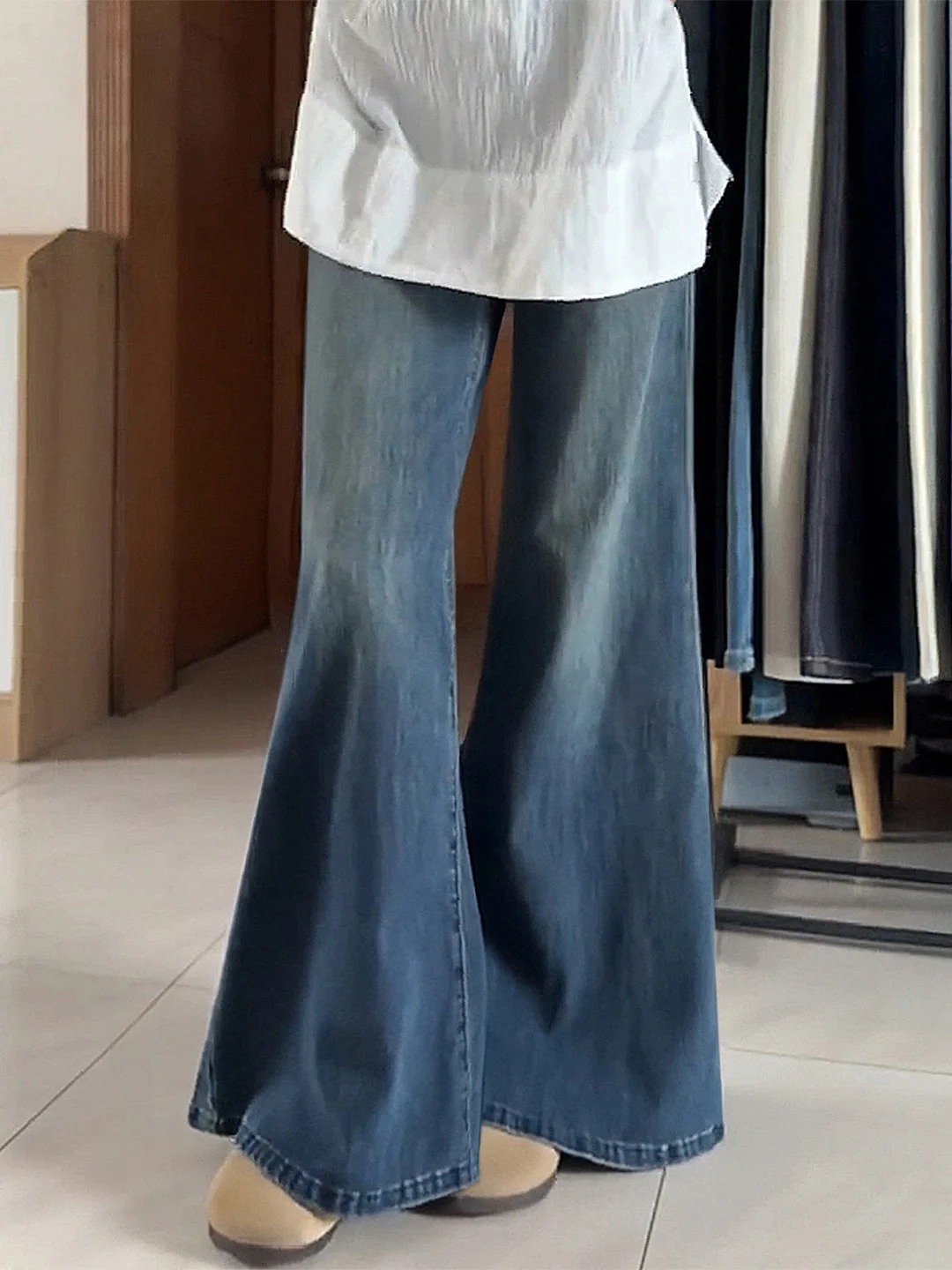 

Retro Blue Wide Leg Denim Jeans Women Loose Casual Pear ape Body Non Tightening Bell Bot High Waist Faded Effect