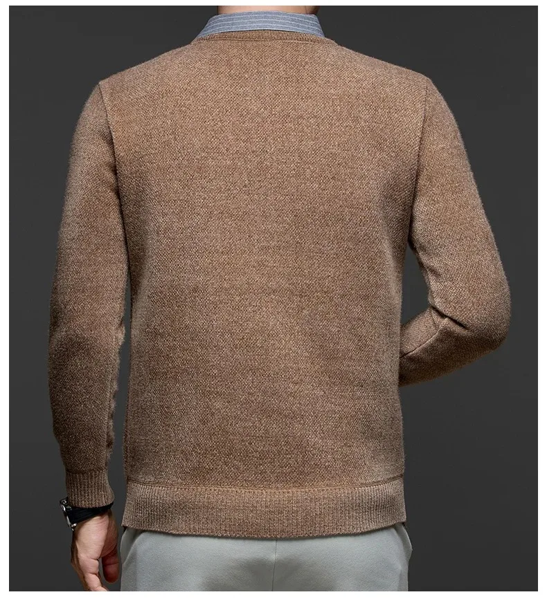 Hochwertiger, warmer Plüsch-Strickpullover für Herren, Herbst-Winter-Komfort, lässige Mode, gefälschter zweiteiliger gestreifter Hemdkragen-Pullover – Detail 6