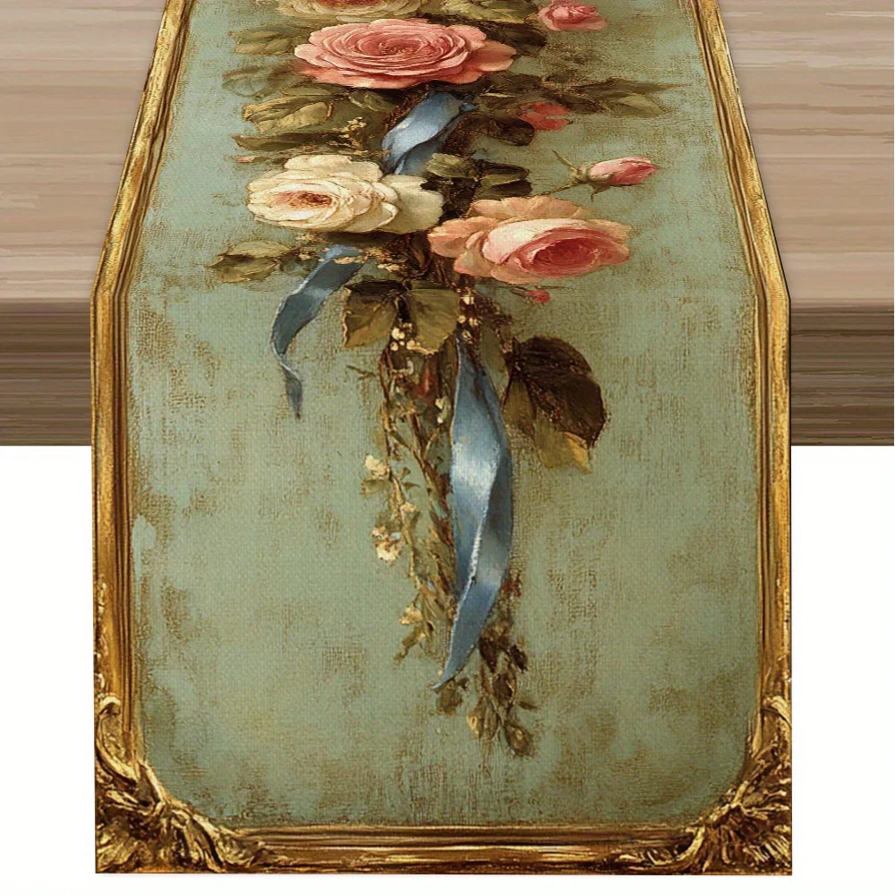 Vintage Relief Table Runner - 1PC Raised Texture Print Classic European Banquet Cover for Wedding Entryway Dining