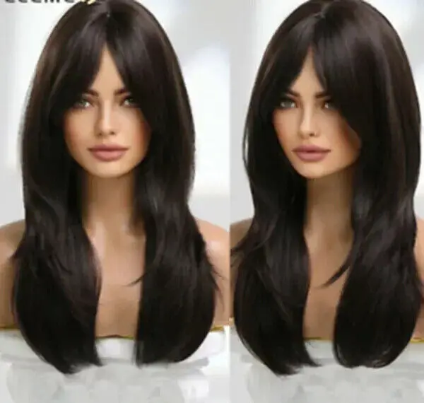 Human Hair! New Women's Long Dark Brown Straight Full Capless Wigs 24 Inch