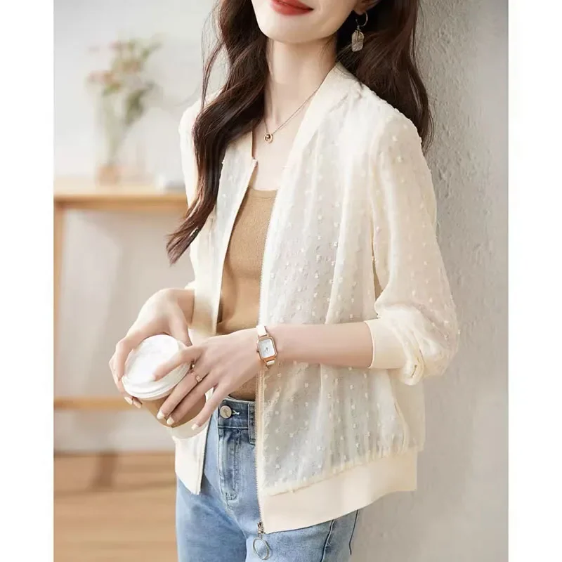 

Summer Swiss Dot Chiffon Bomber Jacket Women Lightweight Sheer Zip Up Casual Sun Coat