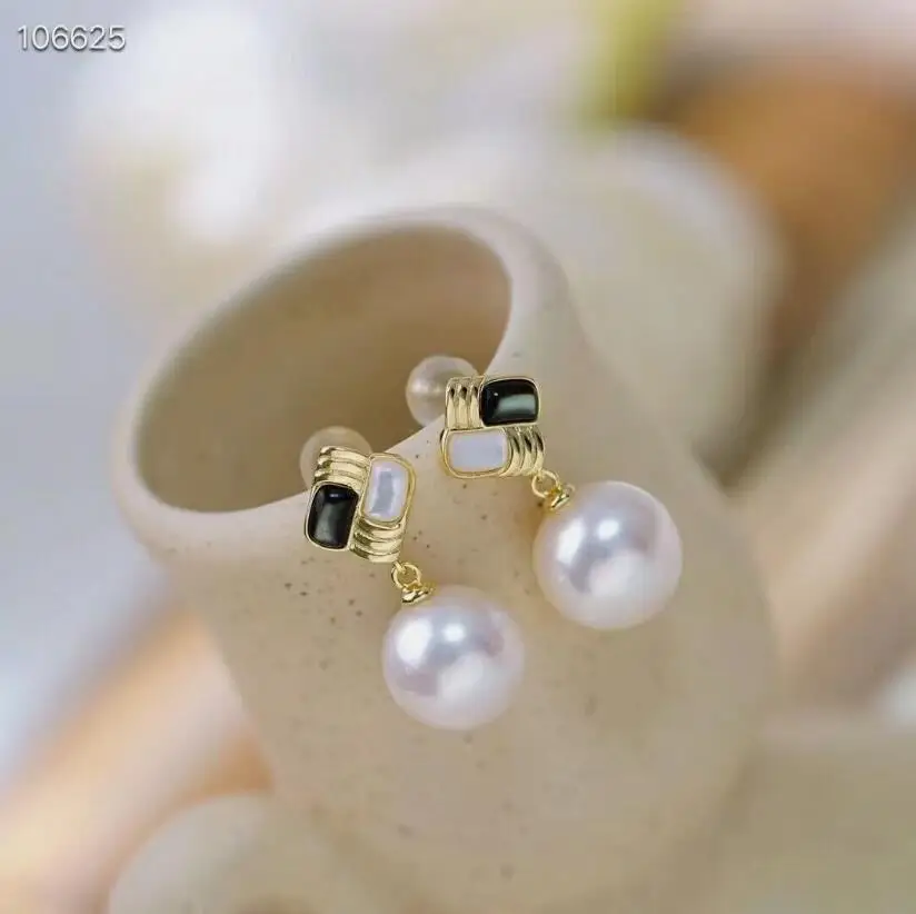 charming pair of 9-10mm south sea round white pearl dangle earring 925s